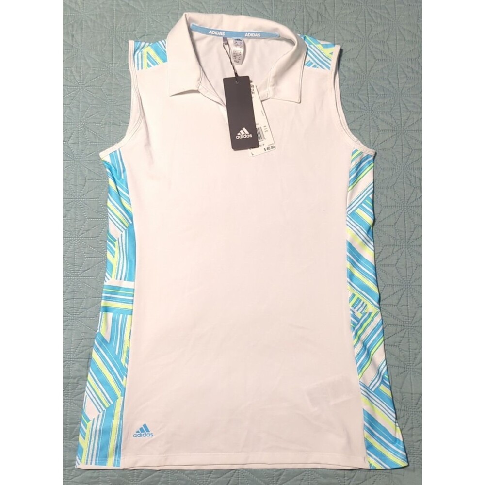 Adidas Women's White/Teal Collared Sleeveless Polo Shirt Size L NWT Golf Tennis